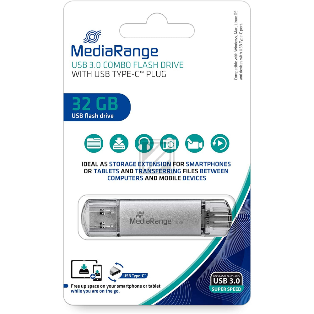 MEDIARANGE KOMBO USB STICK 32GB MR936 70MB/s USB-C+USB-A 3.0 silber