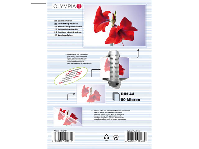 9181 OLYMPIA LAMINIERFOLIEN A4 25Blatt 80mic