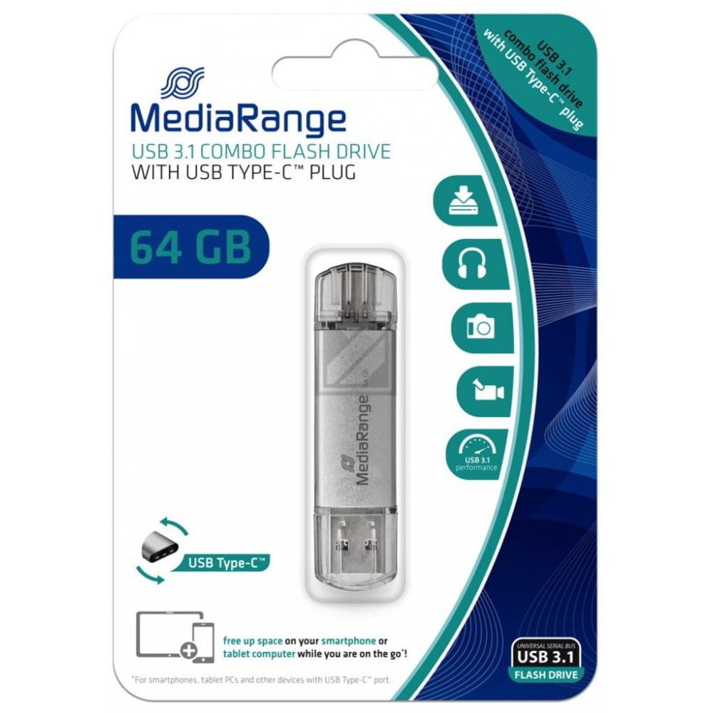 MEDIARANGE KOMBO USB STICK 64GB MR937 70MB/s USB-C+USB-A 3.0 silber