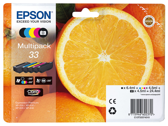 C13T33374011 EPSON XP530 TINTE (5) 24,4ml 1350Seiten photo black+cmyk