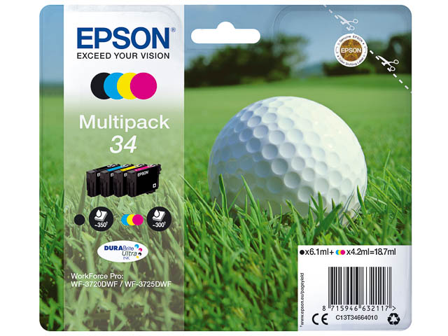 C13T34664010 EPSON WF3720DWF TINTE(4) ST 1x6,1ml 350S. bk 3x4,2ml 3x300S. cmy