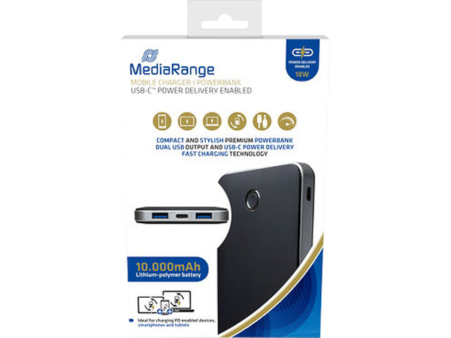 MEDIARANGE MOBILE POWERBANK SCHWARZ MR753 10.000mAh Micro-USB-C Ladekabel