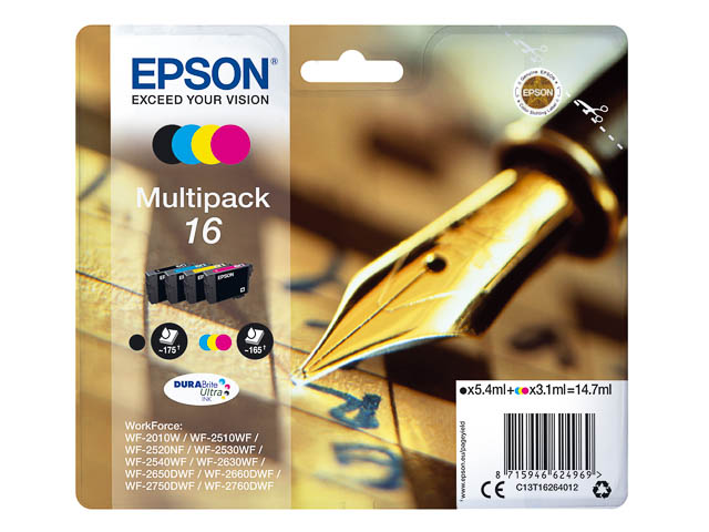 C13T16264012 EPSON WF2010 TINTE (4) CMYK 5,4ml blk + 3,1ml cmy 670Seiten