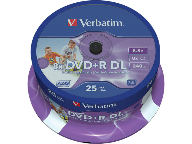 VERBATIM DVD+R DL 8.5GB 8x IW (25) SP 43667 Spindel inkjet printable