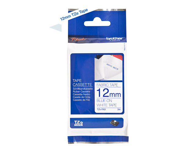 TZEFA3 BROTHER PTOUCH 12mm WEISS-BLAU Textil-Aufbügelband 3m