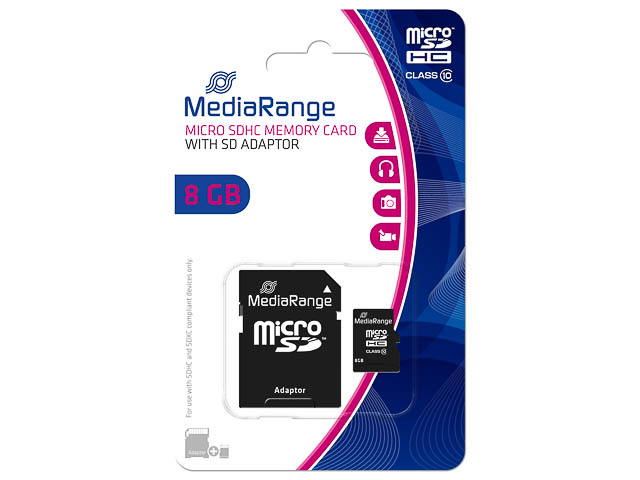 MEDIARANGE MICRO SDHC SPEICHERKARTE 8GB MR957 Klasse 10 mit SD Adapter