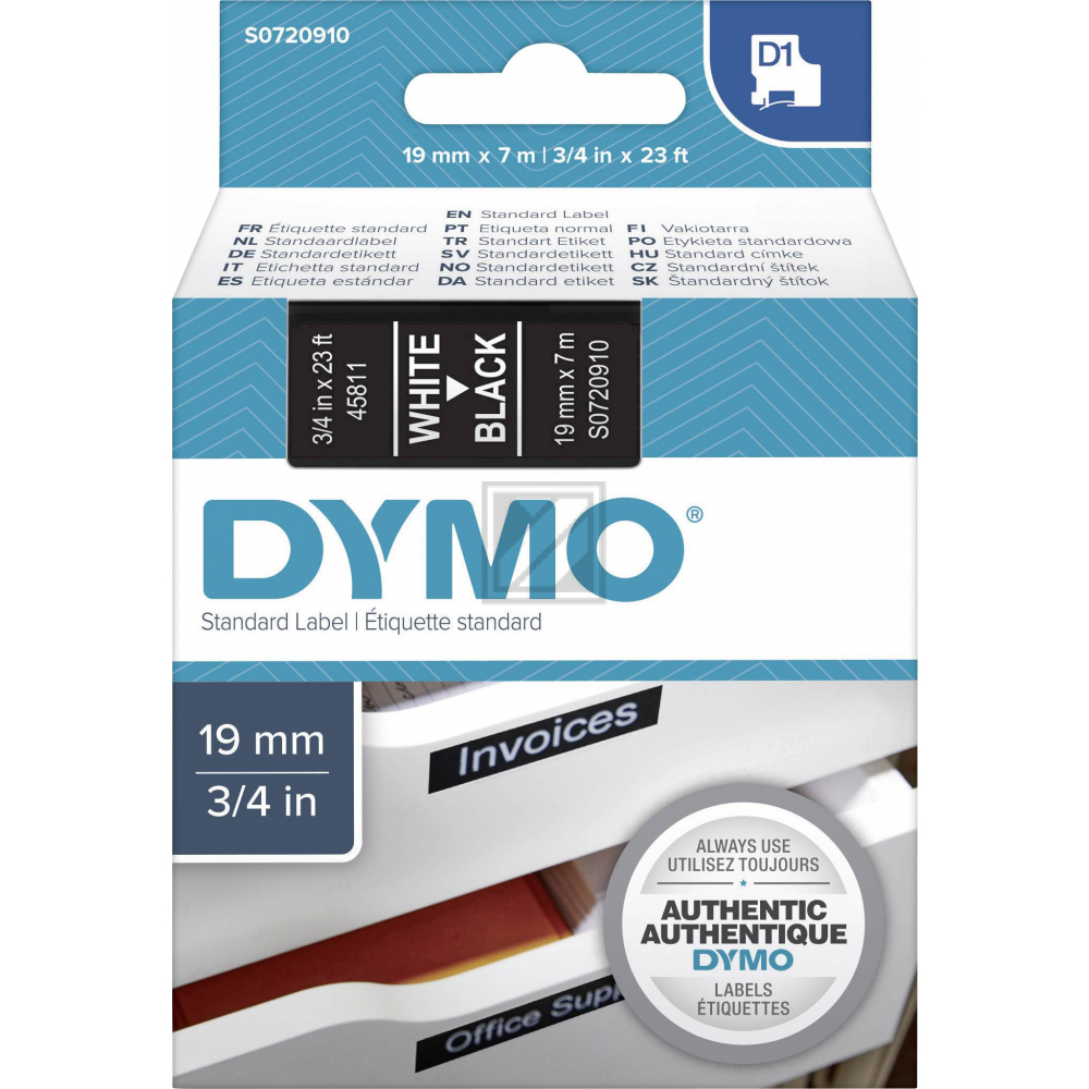 S0720910 DYMO D1 19mm WEISS-SCHWARZ 45811 Schriftband 7m