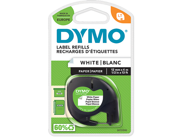 S0721510 DYMO 12mm SCHWARZ-WEISS Papier Schriftband 4m