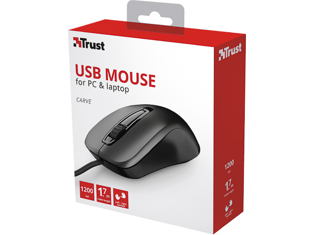 TRUST CARVE MAUS MIT KABEL SCHWARZ 23733 USB 3Tasten 1200dpi beidhaendig