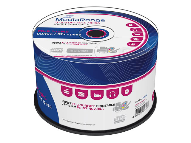 MEDIARANGE CDR80 700MB 52x IW (50) CB MR208 Cake Box inkjet printable