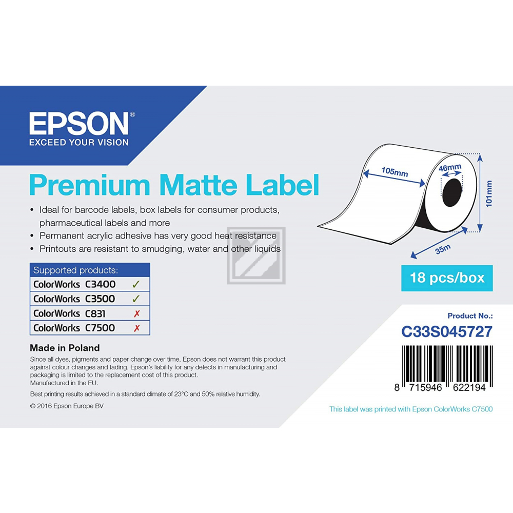 C33S045727 EPSON Etikettenrolle 105mm 35 Meter weiss matt