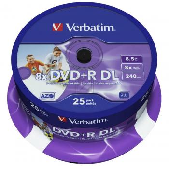VERBATIM DVD+R DL 8.5GB 8x IW (25) SP 43667 Spindel inkjet printable
