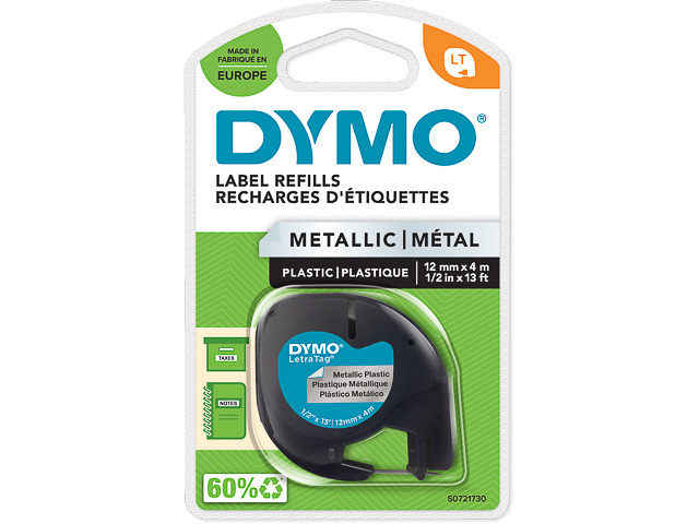 S0721730 DYMO 12mm SCHWARZ-SILBER Plastik Schriftband 4m