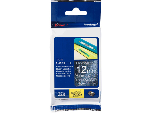 TZEPR935 BROTHER PT 12mm WEISS-SILBER Schriftband 8m laminiert