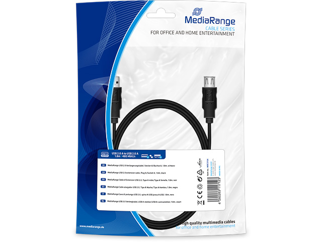 MEDIARANGE USB 2.0 VERLAENGERUNGSKABEL MRCS154 Stecker A auf Buchse A 1,8m