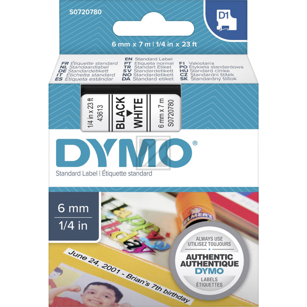 S0720780 DYMO D1 6mm SCHWARZ-WEISS 43613 Schriftband 7m