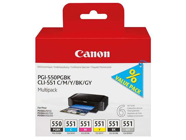 PGI550+CLI551 CANON IP7250 TINTE (6) 6496B005 pgblk-cmyk-gry Blister w/o SEC