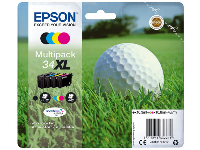 C13T34764010 EPSON WF3720DWF TINTE(4) HC 1x16,3ml bk 3x10,8ml cmy hohe Kap.