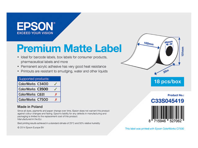 C33S045419 EPSON ETIKETTENROLLE 102x35m endlos premium matt